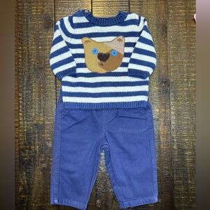 Baby Boden Bear Sweater & Navy Chino Pants Set (Size 12-18M)